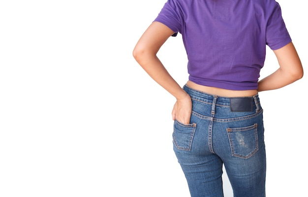 Beautiful body woman with Purple T-shirt and blue jeans 