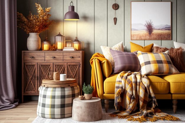 Beautiful boho living room interior with gray sofa wooden coffee table commode and elegant