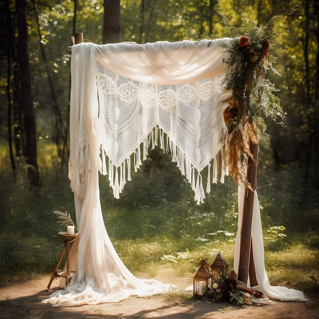 Beautiful Boho Style Wedding Arch with Delicate Cheesecloth Gauze Fabric studio overlay