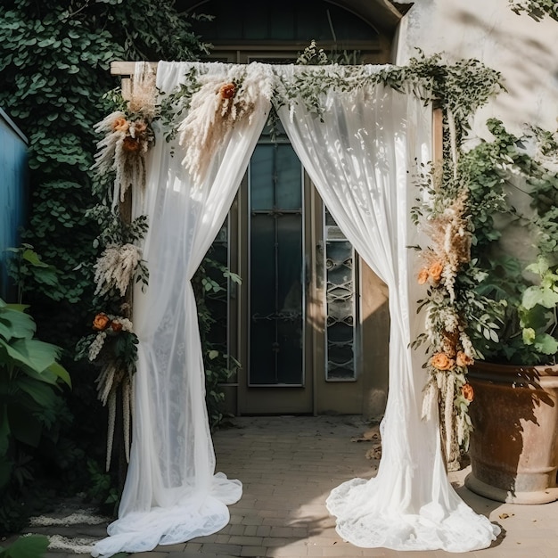 Beautiful Boho Style Wedding Arch with Delicate Cheesecloth Gauze Fabric studio overlay