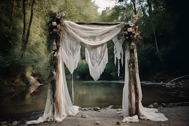 Beautiful Boho Style Wedding Arch with Delicate Cheesecloth Gauze Fabric studio overlay