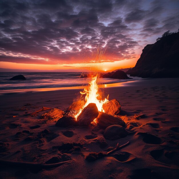 Photo beautiful bonfire in the middle of a beach at night in high definition and high sharpness