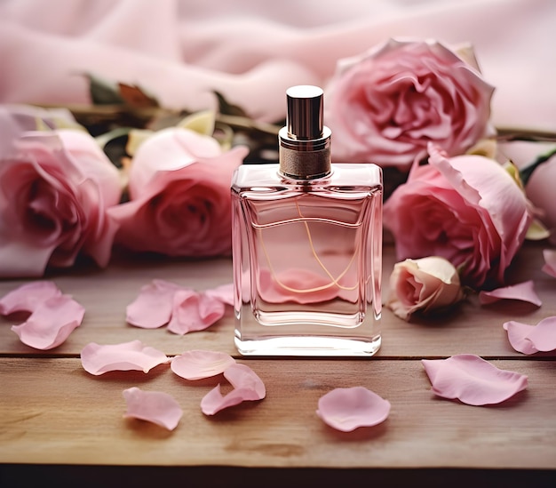 Beautiful bottle of cosmetic spray or perfume on a wood background with pink flowers