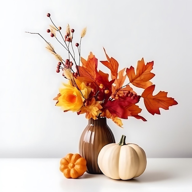 Beautiful bouquet of autumn leaves in a vase next to a small pumpkin empty space on the right