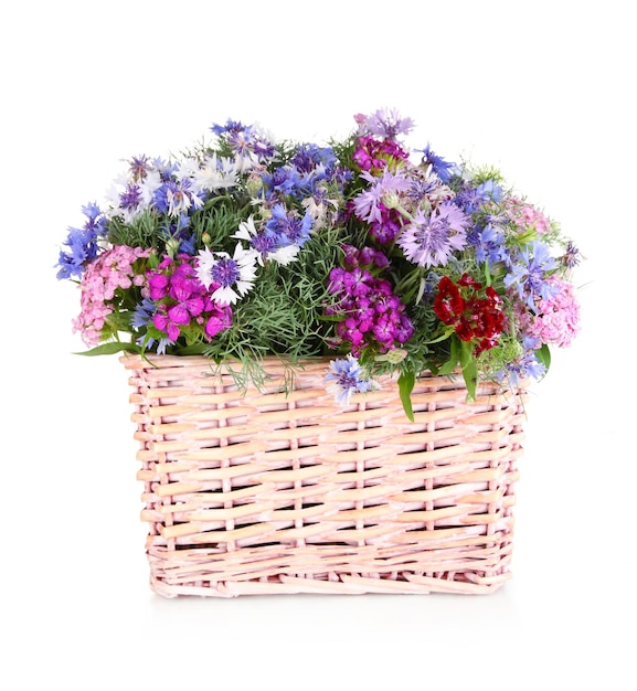 Beautiful bouquet in basket isolated on white