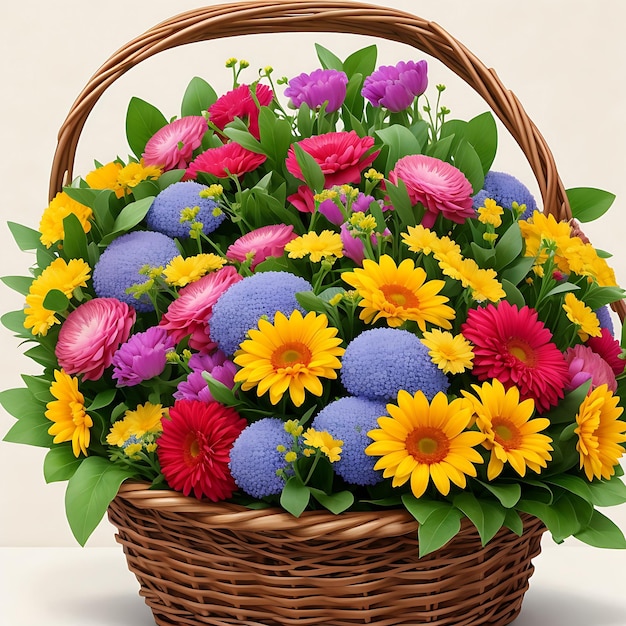 Beautiful bouquet of bright flowers in basket AI generated