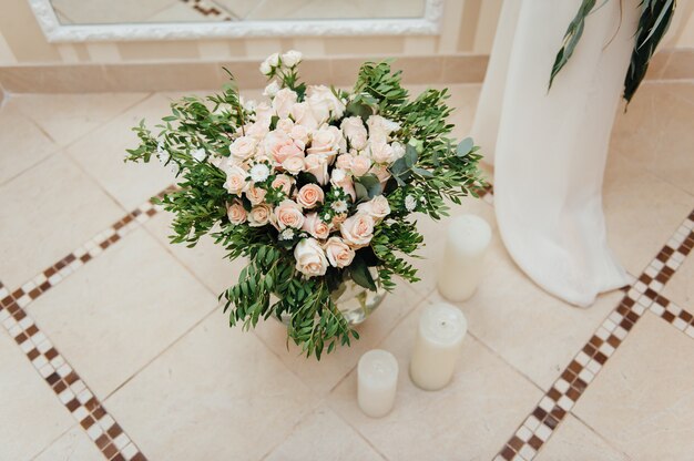 Beautiful bouquet of bright flowers in basket