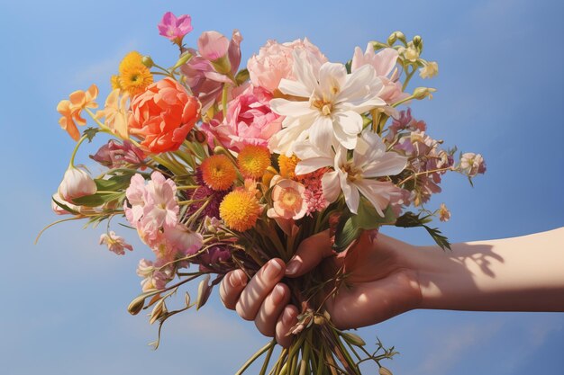 A beautiful bouquet of bright flowers in a woman hand against the blue sky