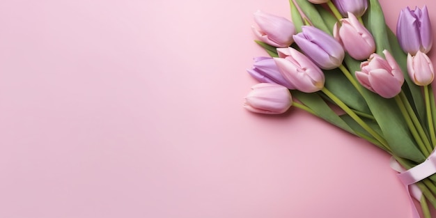 Beautiful bouquet of colorful tulip flowers on pink background with copy space Generative ai