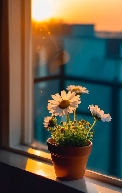 Beautiful bouquet of daisies in a pot on the windowsill