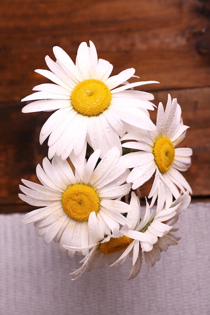 Beautiful bouquet of daisies on wooden background