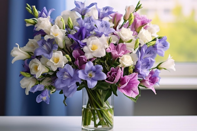 テーブルの上の花瓶の中にさまざまな花束が麗に並んでいる