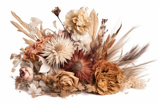 Beautiful bouquet of dried flowers on a clean white background Generative AI
