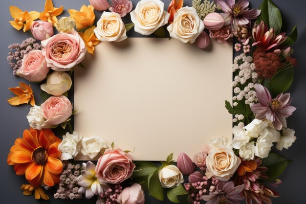 Beautiful bouquet of flowers and blank paper greeting card mockup