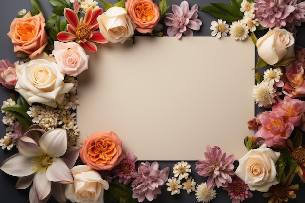 Beautiful bouquet of flowers and blank paper greeting card mockup