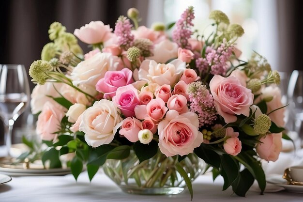 A beautiful bouquet of fresh flowers brings elegance to the table