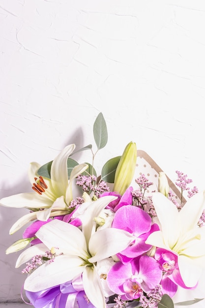 A beautiful bouquet of fresh flowers on a white background