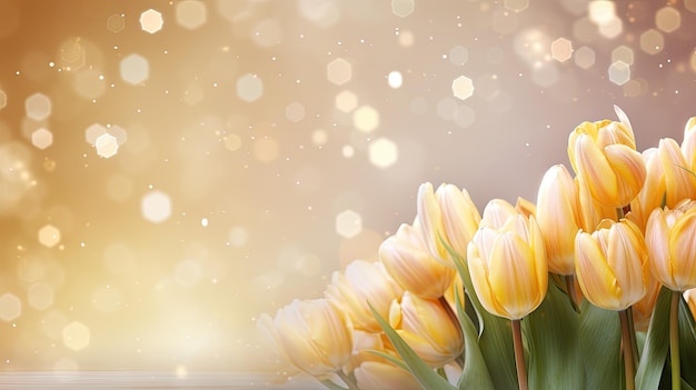 A beautiful bouquet of golden pink tulips on a sparkling background with bokeh Spring floral backgro