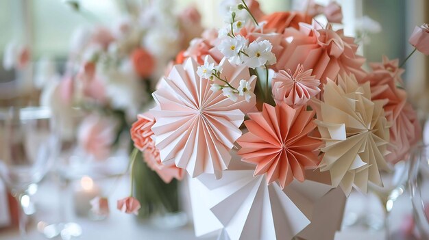 Photo a beautiful bouquet of handmade paper flowers in peach cream and white perfect for a wedding anniversary or any special occasion