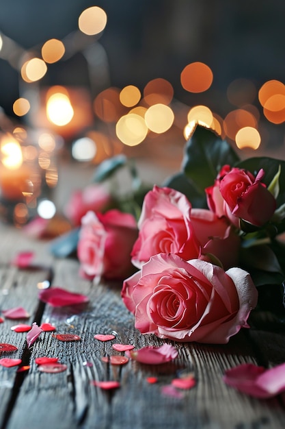 写真 木製の背景に赤とピンクのバラの美しい花束 恋愛のバレンタインデー 母の日