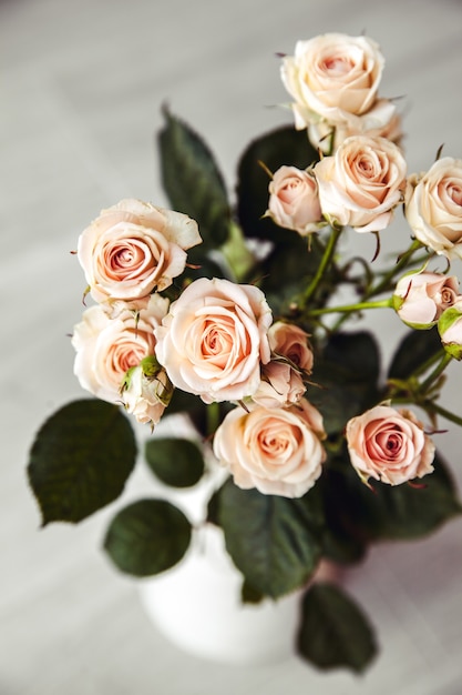 Beautiful bouquet of peach roses in vintage vase on a black background