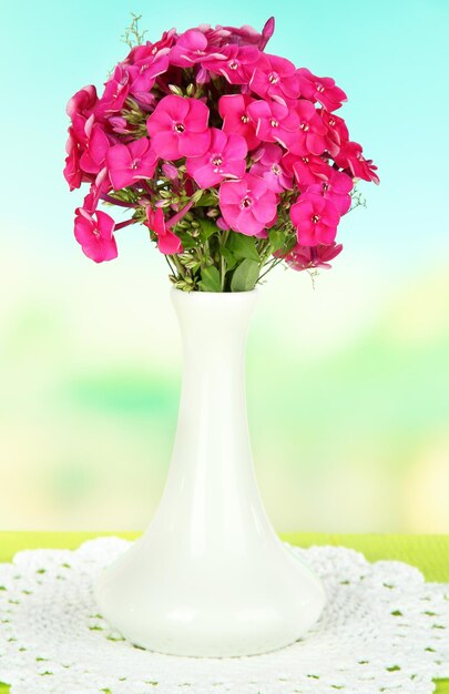 Beautiful bouquet of phlox in vase on table on light background