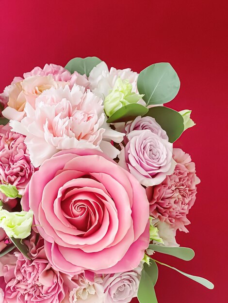 Beautiful bouquet of pink blooming flowers as holiday gift luxury floral design