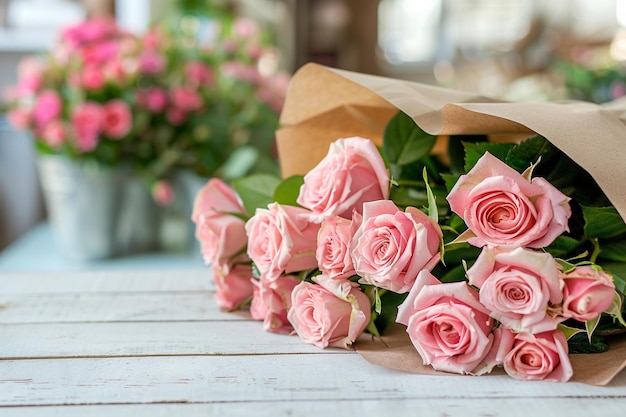 Foto bel bouquet di rose pastello rosa avvolte in una carta artigianale in un negozio di fiori