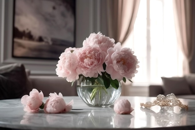 A beautiful bouquet of pink peones in a vase Living room decoration Generated AI