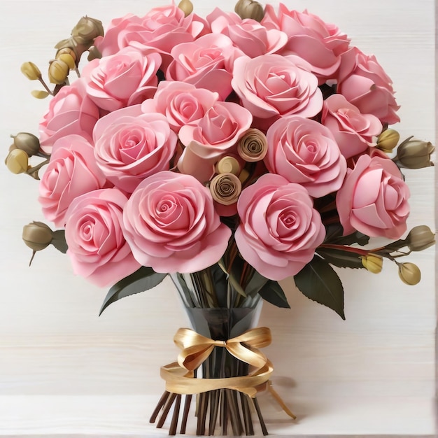 Beautiful bouquet of pink roses in a festive round box on a white table Gift for holiday birthday