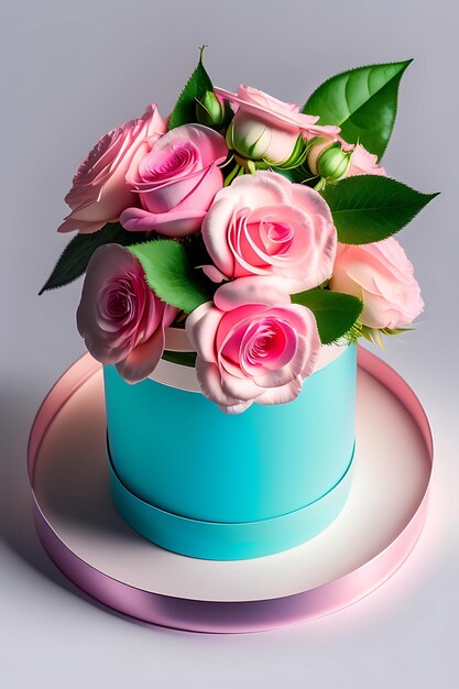 Beautiful bouquet of pink roses in a festive round box on a white table