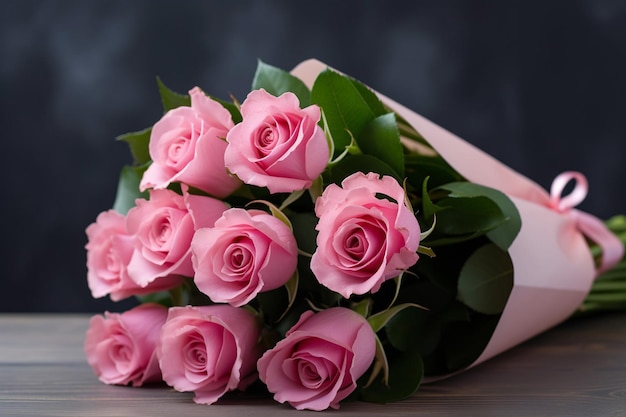 Photo beautiful bouquet of pink roses on grey table