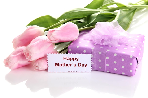 Beautiful bouquet of pink tulips and gift for Mother's Day isolated on white