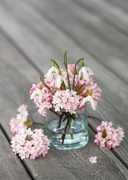 Beautiful bouquet of pink and white blossom of winter snowball with snowdrop flowers in a glass vase