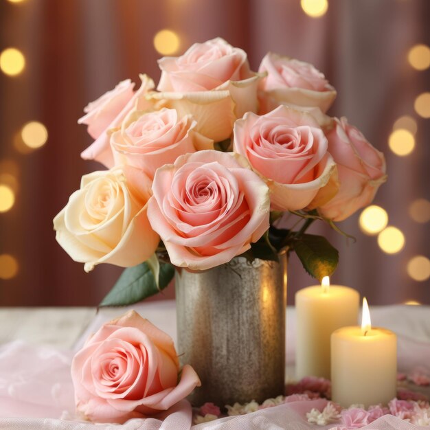 A beautiful bouquet of pink and white roses in a silver vase with candles