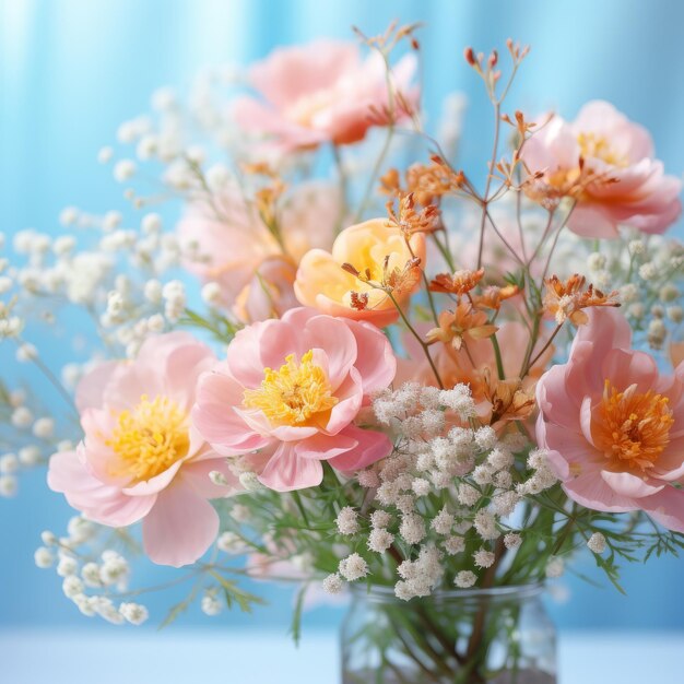 Красивый букет розовых и желтых цветов в стеклянной вазе