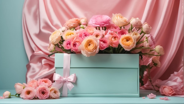 Фото Красивый букет цветов ранукулуса в подарочной коробке на столе