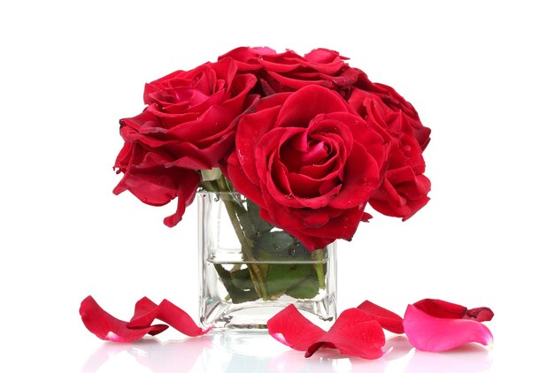 흰색 절연 꽃병에 빨간 장미의 아름다운 꽃다발