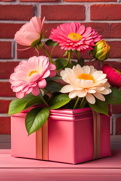 Beautiful bouquet of rose and chrysanthemums flowers and pink gift box on brick wall background