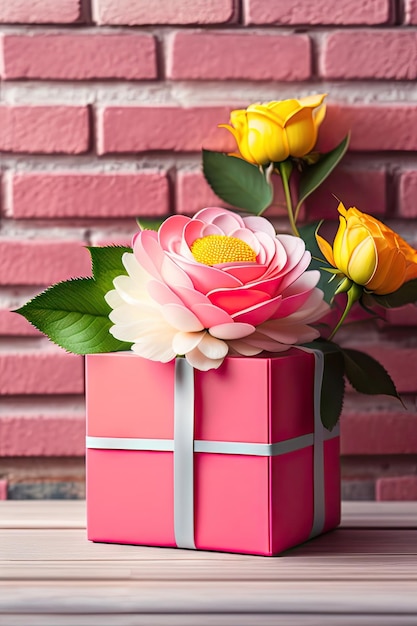 Beautiful bouquet of rose and chrysanthemums flowers and pink gift box on brick wall background