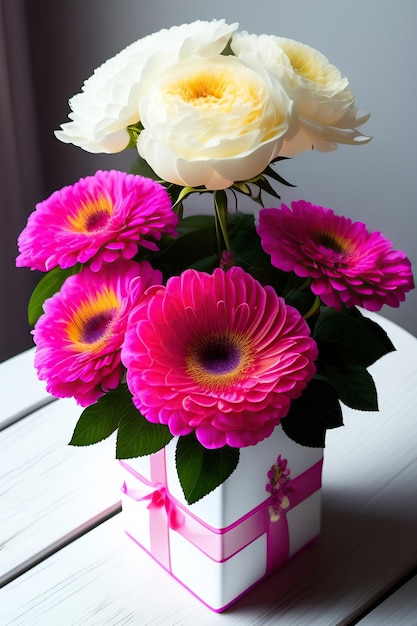 Beautiful bouquet of rose and chrysanthemums flowers and pink gift box on white table background