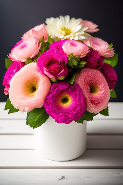 Beautiful bouquet of rose and chrysanthemums flowers and pink gift box on white table background