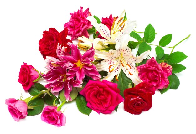 Beautiful bouquet of roses and lilies isolated on white background. Wedding card. View top, flat. Floristics. Flora, flowers