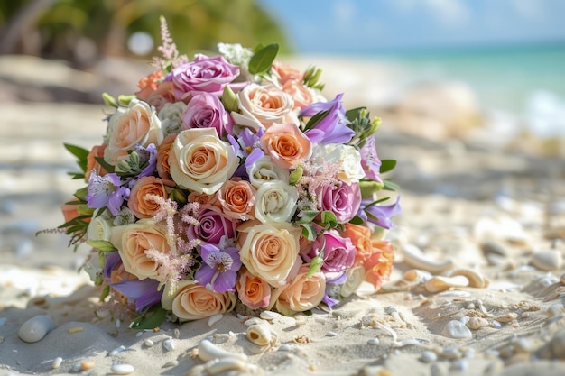 Красивый букет роз и смешанных цветов на солнечном пляже с кристально чистой водой и белым