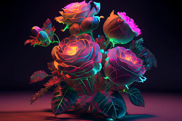 A beautiful bouquet of roses neon colorsGenerative AI