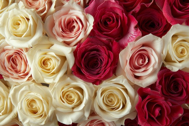 A beautiful bouquet of roses in various shades of red pink and white