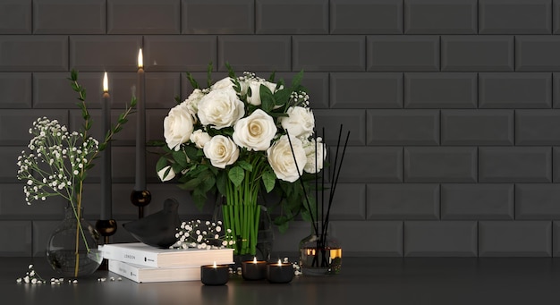 Beautiful bouquet of roses in a vase candles books home fragrance on the background of black tile