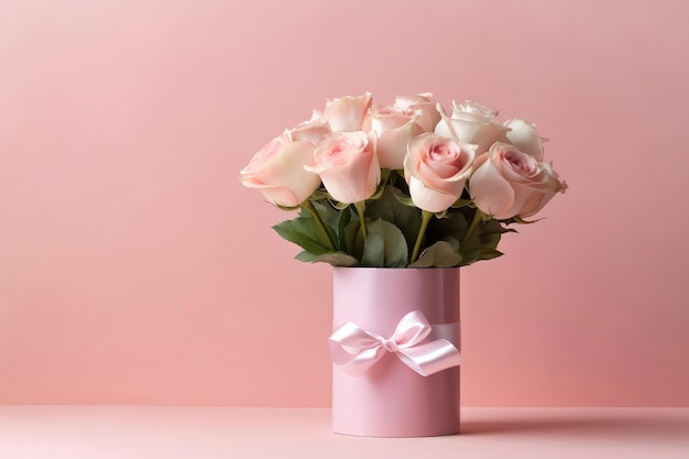 분홍색 배경 생성 AI에 선물 상자 빈 공간이 있는 꽃병에 아름다운 장미 꽃다발