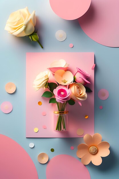 Beautiful bouquet of roses with paper confetti on a pastel background with copy space