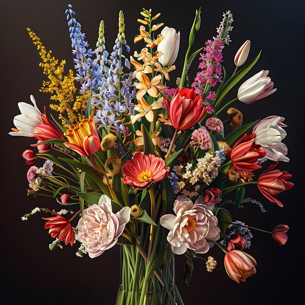 Beautiful bouquet of spring flowers on dark background